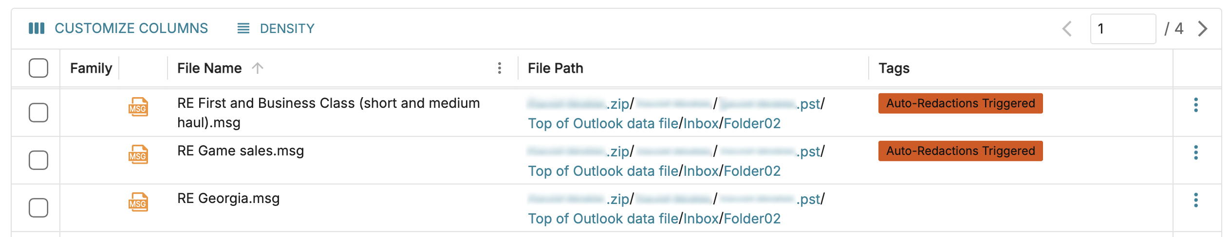 List of Outlook files with auto-redaction notifications for sensitive data protection.